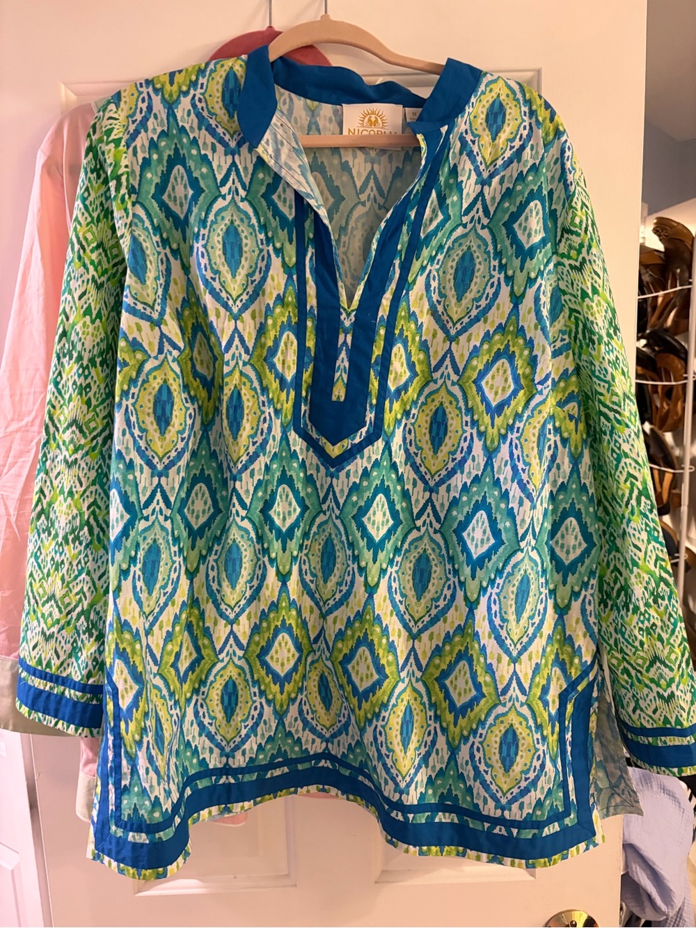 NIC+ZOE Blue and Green Ikat-Print Tunic